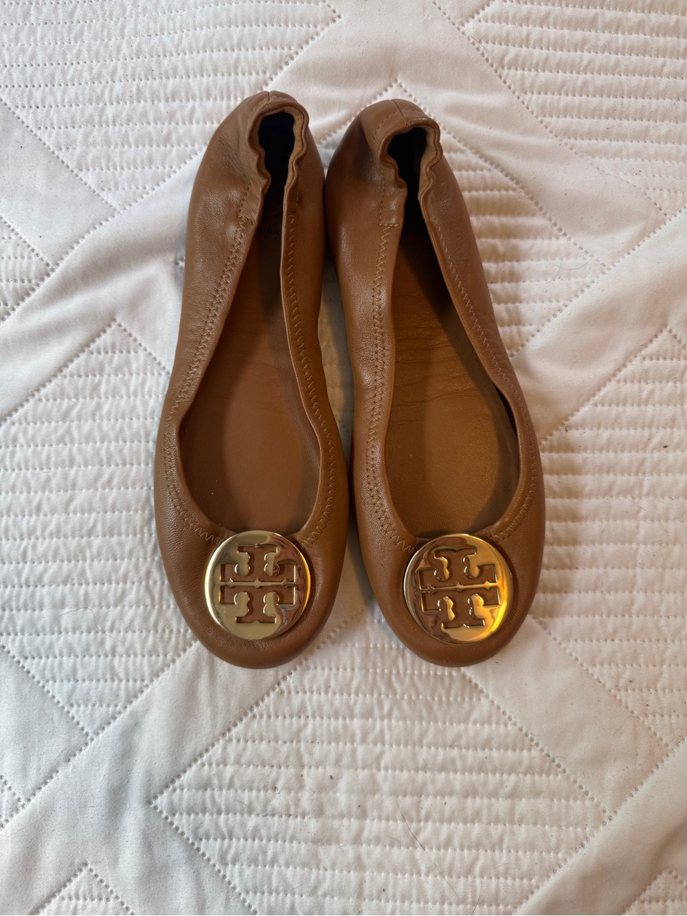 Tory Burch Cognac Leather Logo Ballet Flats NWT